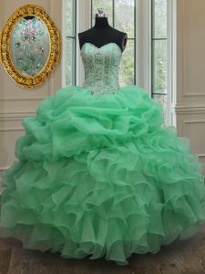 Suitable Floor Length Lace Up Sweet 16 Dress Apple Green for Military Ball and Sweet 16 and Quinceanera with Beading and Ruffles and Pick Ups