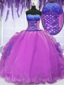 Purple Sleeveless Floor Length Embroidery and Ruffles Lace Up Vestidos de Quinceanera