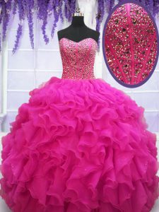 Fantastic Sleeveless Organza Floor Length Lace Up Sweet 16 Quinceanera Dress in Fuchsia with Beading and Ruffles