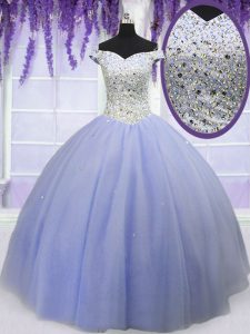 Beauteous Off the Shoulder Short Sleeves Lace Up Floor Length Beading Quinceanera Dresses