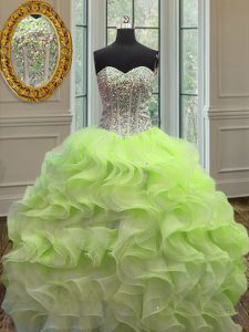 Luxury Beading and Ruffles Sweet 16 Quinceanera Dress Yellow Green Lace Up Sleeveless Floor Length