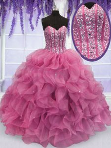 Dynamic Rose Pink Lace Up 15 Quinceanera Dress Beading and Ruffles Sleeveless Floor Length