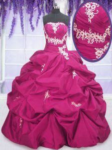 Fuchsia Sleeveless Floor Length Appliques and Ruching and Pick Ups Lace Up Quince Ball Gowns
