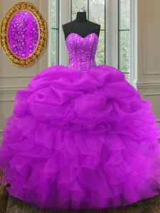 Exceptional Fuchsia Sweetheart Neckline Beading and Ruffles and Pick Ups 15th Birthday Dress Sleeveless Lace Up