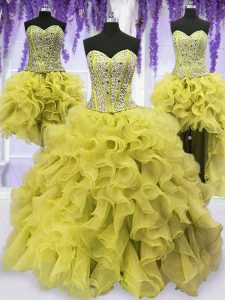 Four Piece Light Yellow Sweetheart Lace Up Beading and Ruffles Quinceanera Gowns Sleeveless