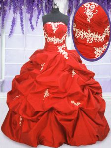 Sleeveless Floor Length Appliques and Ruching and Pick Ups Lace Up Sweet 16 Dresses with Coral Red