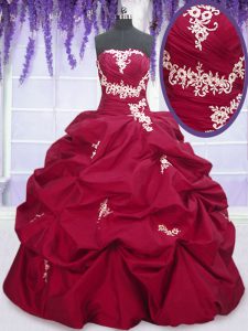 Sleeveless Taffeta Floor Length Lace Up Vestidos de Quinceanera in Fuchsia with Appliques and Pick Ups