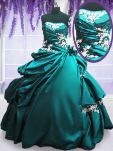 Clearance Teal Ball Gowns Taffeta Strapless Sleeveless Appliques and Pick Ups Floor Length Lace Up Ball Gown Prom Dress