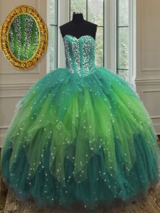 Beautiful Multi-color Vestidos de Quinceanera Military Ball and Sweet 16 and Quinceanera with Beading and Ruffles and Sequins Sweetheart Sleeveless Lace Up