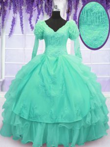 Fantastic Turquoise Ball Gowns V-neck Long Sleeves Organza Floor Length Lace Up Beading and Embroidery and Hand Made Flower Sweet 16 Quinceanera Dress