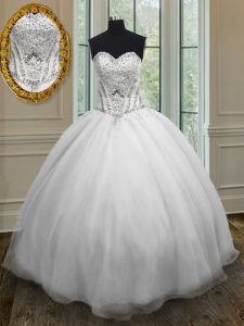 Affordable White Ball Gowns Organza Sweetheart Sleeveless Beading Floor Length Lace Up Sweet 16 Dresses