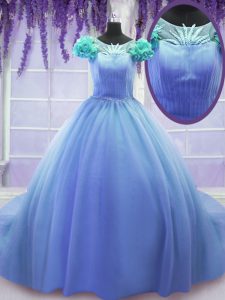Dramatic Tulle Scoop Short Sleeves Court Train Lace Up Hand Made Flower Quinceanera Dress in Blue