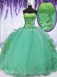 Free and Easy Turquoise Organza Lace Up Strapless Sleeveless Floor Length Sweet 16 Dress Embroidery and Ruffles