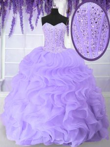 Sexy Organza Sweetheart Sleeveless Lace Up Beading and Ruffles Quinceanera Dresses in Lavender