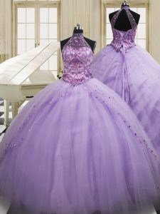 Halter Top Ball Gowns Sleeveless Lavender Quinceanera Dress Sweep Train Lace Up