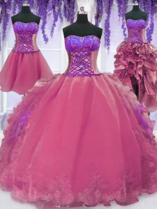 Traditional Four Piece Sleeveless Organza Floor Length Lace Up 15 Quinceanera Dress in Pink with Embroidery and Ruffles