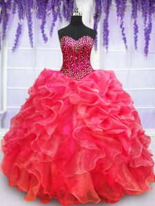 Stylish Floor Length Red 15th Birthday Dress Organza Sleeveless Beading and Appliques and Ruffled Layers