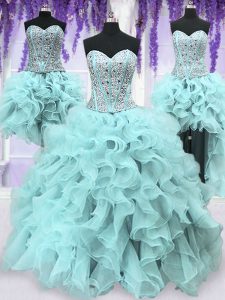 Enchanting Four Piece Light Blue Sweetheart Lace Up Ruffles and Sequins 15 Quinceanera Dress Sleeveless