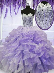 Trendy Sweetheart Sleeveless Organza 15 Quinceanera Dress Beading and Ruffles Lace Up