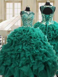 Scoop Teal Sleeveless Floor Length Beading and Ruffles Lace Up Sweet 16 Quinceanera Dress