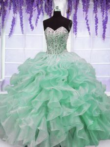 Luxury Sleeveless Organza Floor Length Lace Up Quinceanera Dress in Apple Green with Beading and Ruffles