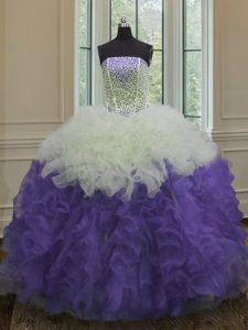 Floor Length White And Purple 15th Birthday Dress Strapless Sleeveless Lace Up