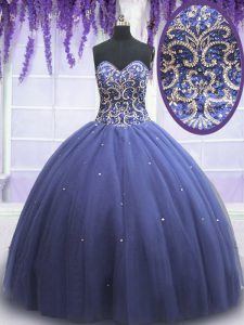 Designer Sleeveless Floor Length Beading Lace Up Quinceanera Dress with Purple