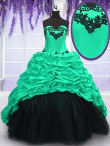 Exquisite Turquoise Sleeveless Sweep Train Appliques and Ruffles and Pick Ups With Train Quinceanera Gown