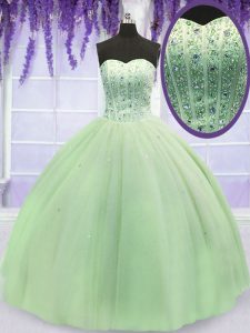 Captivating Yellow Green Tulle Lace Up Sweetheart Sleeveless Floor Length 15 Quinceanera Dress Beading