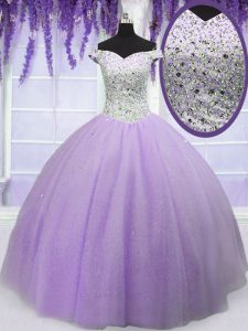 Custom Made Off the Shoulder Lavender Lace Up Quinceanera Gown Beading Short Sleeves Floor Length