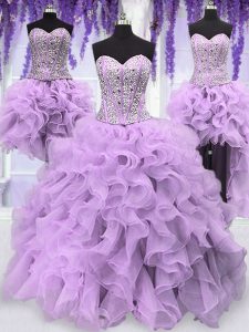 Clearance Four Piece Lavender Sweetheart Neckline Ruffles and Sequins Quince Ball Gowns Sleeveless Lace Up