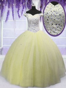 Flirting Ball Gowns Quinceanera Dresses Light Yellow Off The Shoulder Tulle Short Sleeves Floor Length Lace Up
