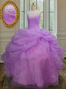 Pick Ups Ball Gowns Quinceanera Dresses Lilac Strapless Organza Sleeveless Floor Length Lace Up