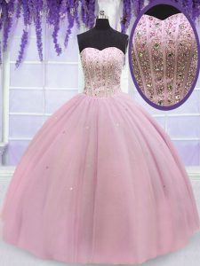 Glorious Floor Length Lace Up Vestidos de Quinceanera Baby Pink for Military Ball and Sweet 16 and Quinceanera with Beading