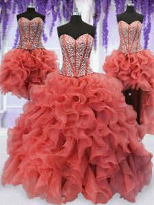 Four Piece Coral Red Ball Gowns Organza Sweetheart Sleeveless Beading and Ruffles Floor Length Lace Up Sweet 16 Quinceanera Dress