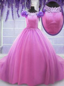 Dynamic Floor Length Rose Pink Sweet 16 Dresses Scoop Short Sleeves Lace Up