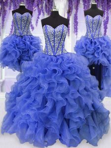 Luxurious Four Piece Floor Length Lace Up Sweet 16 Dress Royal Blue for Military Ball and Sweet 16 and Quinceanera with Ruffles and Sequins