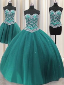 Inexpensive Three Piece Sequins Floor Length Ball Gowns Sleeveless Teal Sweet 16 Quinceanera Dress Lace Up