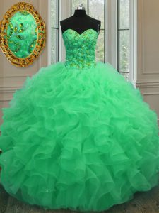 Green Ball Gowns Sweetheart Sleeveless Organza Floor Length Lace Up Beading and Ruffles Quinceanera Dresses