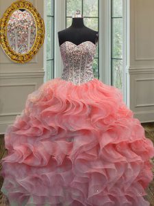Floor Length Watermelon Red Quinceanera Gowns Organza Sleeveless Beading and Ruffles