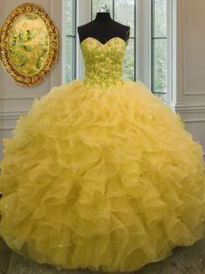 Inexpensive Floor Length Gold Quince Ball Gowns Organza Sleeveless Beading and Ruffles