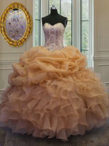 Ideal Gold Quince Ball Gowns Military Ball and Sweet 16 and Quinceanera with Beading and Pick Ups Sweetheart Sleeveless Lace Up