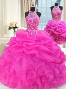 Affordable Three Piece Beading and Pick Ups Ball Gown Prom Dress Hot Pink Lace Up Sleeveless Floor Length