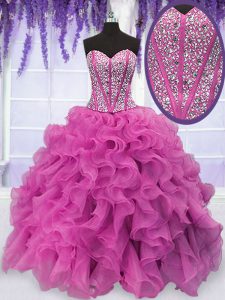 Attractive Hot Pink Sleeveless Organza Lace Up 15 Quinceanera Dress for Military Ball and Sweet 16 and Quinceanera