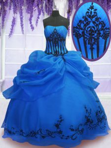 Romantic Blue Organza Lace Up Strapless Sleeveless Floor Length Quinceanera Dresses Embroidery