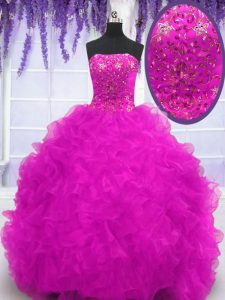 Fuchsia Lace Up Sweet 16 Quinceanera Dress Beading and Appliques and Ruffles Sleeveless With Brush Train