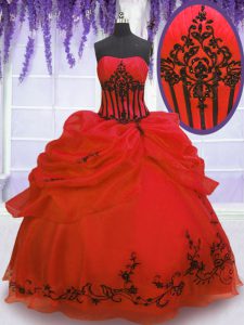 Fancy Sleeveless Organza Floor Length Lace Up Sweet 16 Dress in Red with Embroidery and Pick Ups
