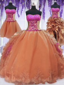 Four Piece Orange Organza Lace Up Strapless Sleeveless Floor Length Sweet 16 Dresses Embroidery and Ruffles