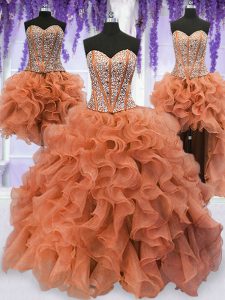 Beauteous Four Piece Organza Sweetheart Sleeveless Lace Up Beading and Ruffles Sweet 16 Dresses in Orange