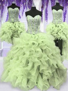 Four Piece Ruffles and Sequins Sweet 16 Dresses Yellow Green Lace Up Sleeveless Floor Length